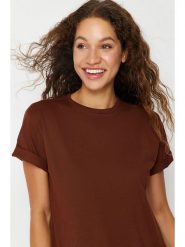 Trendyol Koszulka w kolorze brązowym rozmiar: XL. Brązowe bluzki Trendyol, xl, bez wzorów, z bawełny, bez kołnierzyka, bez ramiączek. Za 57.20 zł.