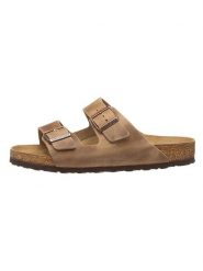 Birkenstock Skórzane klapki "Arizona" w kolorze jasnobrązowym rozmiar: 41. Brązowe klapki Birkenstock, bez wzorów, z otwartym noskiem, bez obcasa. Za 459.45 zł.