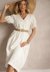 Biała Rozkloszowana Sukienka z Bawełny w Stylu Boho z Haftowanymi Zdobieniami Lannilsa. Białe sukienki Renee, na spotkanie biznesowe, l, z aplikacjami, z bawełny, boho, bez kołnierzyka, bez ramiączek, midi, rozkloszowane. Za 99.99 zł.