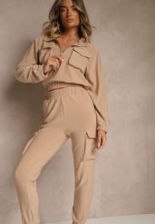 Ciemnobeżowy Komplet Dresowy Cargo Bluza ze Stójką i Spodnie Jogger Litene. Brązowe bluzy sportowe Renee, l, bez wzorów, z dresówki, bez kaptura. Za 79.99 zł.