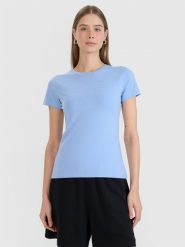 4F T-shirt slim z nadrukiem damski - granatowy M. Niebieskie t-shirty 4f, m, bez wzorów, z bawełny, bez kołnierzyka, bez ramiączek. W wyprzedaży za 39.99 zł.