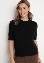 Czarny Sweter z Wełną z Krótkim Rękawem Dannoria. Czarne swetry Born2be, uniwersalny, bez wzorów, z jeansu, bez ramiączek. Za 149.99 zł.