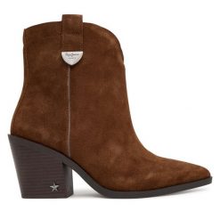 Kowbojki Pepe Jeans. Brązowe botki Pepe Jeans, bez wzorów, z jeansu, bez obcasa, na słupku, bez zapięcia. Za 619.99 zł.