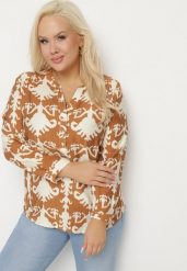 Brązowa Koszula z Wiskozą w Ornamentalny Wzór z Dekoltem w Serek Iladelle. Brązowe koszule Born2be, l, bez wzorów, z jeansu, eleganckie, bez kołnierzyka, plus size, bez ramiączek. Za 64.99 zł.