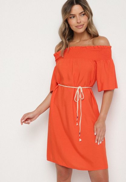 Pomarańczowa Sukienka z Wiskozą Bawełną Hiszpańskim Dekoltem i Sznurkiem Lilarenne. Brązowe sukienki Born2be, na co dzień, na lato, m, bez wzorów, z bawełny, eleganckie, bez kołnierzyka, bez ramiączek, mini. Za 39.99 zł.