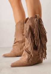 Brązowe Botki Typu Kowbojki na Obcasie z Wywiniętą Cholewką i Frędzlami Uemiris. Brązowe botki Born2be, bez wzorów, z jeansu, bez obcasa, na obcasie, bez zapięcia. Za 159.99 zł.