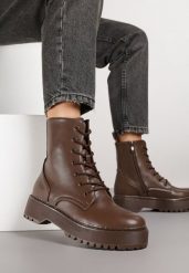 Brązowe Botki Ohiriesh. Brązowe botki Renee, bez wzorów, z okrągłym noskiem, za kostkę, bez obcasa, na platformie, bez zapięcia. Za 159.99 zł.