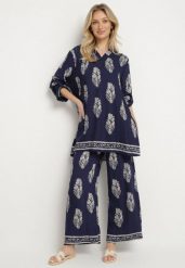 Granatowy Komplet w Stylu Boho Oversize Długa Koszula i Luźne Spodnie Meppina. Niebieskie koszule Born2be, m, bez wzorów, boho, bez kołnierzyka, bez ramiączek. Za 119.99 zł.