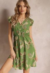 Zielona Rozkloszowana Sukienka Mini we Wzór Paisley Rachelli. Zielone sukienki Renee, l, z aplikacjami, eleganckie, bez kołnierzyka, bez ramiączek, mini, rozkloszowane. Za 49.99 zł.