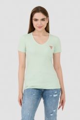 GUESS Miętowy damski t-shirt Mini Triangle Tee, Rozmiar M. Zielone t-shirty Guess, m, z aplikacjami, bez kołnierzyka, bez ramiączek. W wyprzedaży za 99.99 zł.