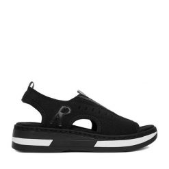 Sandały Rieker. Czarne sandały Rieker, bez wzorów, bez obcasa, na koturnie, bez zapięcia. Za 319.99 zł.