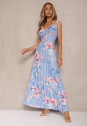 Niebieska Plisowana Sukienka o Rozkloszowanym Fasonie na Szerokich Ramiączkach Nitanela. Niebieskie sukienki Renee, na imprezę, l, bez wzorów, z materiału, eleganckie, bez kołnierzyka, bez ramiączek, maxi, plisowane. Za 99.99 zł.