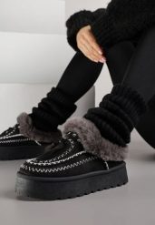 Czarne Śniegowce na Platformie Ozdobione Frędzlami i Haftem Ezivelle. Czarne trapery i śniegowce Renee. Za 109.99 zł.