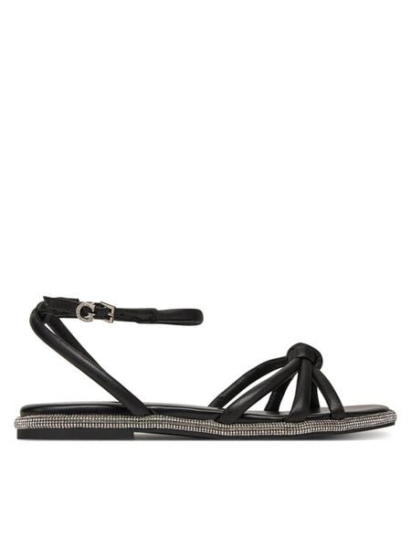 Guess Sandały FLJSLO LEA03 Czarny. Czarne sandały Guess, z aplikacjami, ze skóry, bez obcasa, na płaskiej podeszwie, bez zapięcia. Za 379.99 zł.