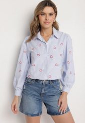 Niebiesko-Czerwona Bawełniana Koszula z Ozdobnym Haftem Doviene. Niebieskie koszule Born2be, l, bez wzorów, z bawełny, eleganckie, bez kołnierzyka, bez ramiączek. Za 59.99 zł.