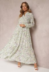 Miętowa Koszulowa Sukienka Maxi w Kwiaty z Falbaną na Dole Nilmisse. Zielone sukienki Renee, l, bez wzorów, bez kołnierzyka, bez ramiączek, maxi, koszulowe. Za 129.99 zł.