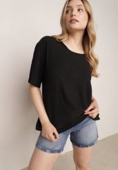 Czarny Minimalistyczny T-shirt z Teksturowanej Tkaniny z Bawełną Shinost. Czarne t-shirty Born2be, plus size, bez wzorów, z bawełny, bez kołnierzyka, bez ramiączek. Za 59.99 zł.