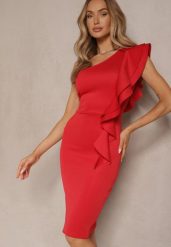 Czerwona Sukienka na Jedno Ramię z Falbaną Lenoska. Czerwone sukienki Renee, na imprezę, na lato, l, bez wzorów, eleganckie, z asymetrycznym kołnierzem, bez ramiączek, midi, asymetryczne. Za 89.99 zł.