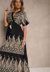 Czarna Wiskozowa Sukienka Boho o Kopertowym Kroju z Metalicznym Haftem Redeselle. Czarne sukienki Renee, na co dzień, m, z aplikacjami, z wiskozy, boho, bez kołnierzyka, bez ramiączek, maxi, kopertowe. Za 79.99 zł.