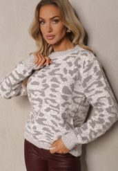 Jasnoszary Klasyczny Sweter z Wełną w Kolorowy Wzór w Panterkę Zinovella. Szare swetry Renee, na zimę, l, bez wzorów, z wełny, bez ramiączek. Za 59.99 zł.