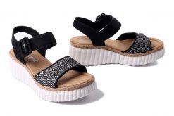 RIEKER 69176-00 black, sandały damskie. Czarne sandały Rieker, bez wzorów, bez obcasa, na koturnie, bez zapięcia. Za 263.92 zł.
