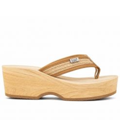 Klapki japonki damskie Lee VIRGINIA RAFFIA WOMEN BULKY HEEL. Brązowe klapki Lee, bez wzorów, z materiału, z otwartym noskiem, bez obcasa, na koturnie. Za 109.00 zł.