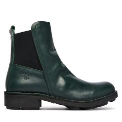Botki Fly London. Zielone botki Fly London, bez wzorów, bez obcasa, na słupku, bez zapięcia. Za 749.99 zł.