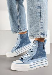 Niebieskie Trampki Jeansowe z Serduszkami na Platformie Benirea. Niebieskie trampki Renee, z aplikacjami, z jeansu, bez zapięcia. Za 94.99 zł.