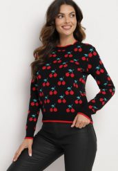 Czarny Sweter z Wiskozą o Prostym Kroju Zdobiony Wzorem w Wisienki Avandirae. Czarne swetry Born2be, z aplikacjami, z jeansu, bez ramiączek. Za 119.99 zł.