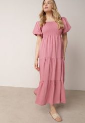 Różowa Wiskozowa Sukienka z Bufiastymi Rękawami i Marszczoną Górą Liones. Czerwone sukienki Born2be, na co dzień, na lato, uniwersalny, bez wzorów, z jeansu, wakacyjne, bez kołnierzyka, bez ramiączek, maxi, proste. Za 89.99 zł.