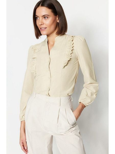 Trendyol Bluzka w kolorze beżowym rozmiar: 38. Brązowe bluzki Trendyol, bez wzorów, z koronki, bez kołnierzyka, bez ramiączek. Za 100.99 zł.