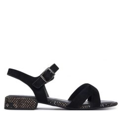 Sandały Tamaris. Czarne sandały Tamaris, bez wzorów, bez obcasa, na słupku, bez zapięcia. Za 299.99 zł.