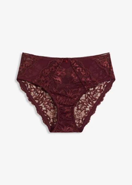 Figi z wysokim stanem z delikatnej koronki. Czerwone figi bonprix, bez wzorów, z koronki. Za 42.99 zł.