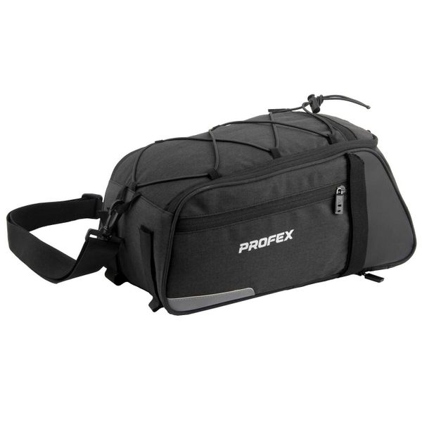 Torba rowerowa na bagażnik Profex Black Lux 10 L. Czarne torby na ramię PROFEX, bez wzorów, z poliesteru, na ramię, bez dodatków. Za 49.99 zł.