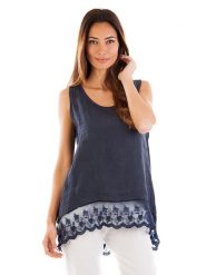 Lin Passion Lniany top w kolorze granatowym rozmiar: 38/40. Niebieskie topy Lin Passion, bez wzorów, z koronki, bez kołnierzyka, bez ramiączek. Za 173.99 zł.