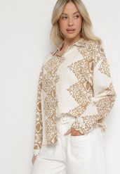 Beżowa Wiskozowa Koszula z Lnem w Ornamentalny Wzór Avellia. Brązowe koszule Born2be, l, bez wzorów, z wiskozy, eleganckie, bez kołnierzyka, bez ramiączek. Za 79.99 zł.