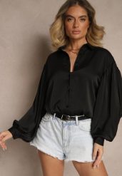 Czarna Koszula z Dłuższym Tyłem i Bufiastymi Rękawami Zivane. Czarne koszule Renee, m, bez wzorów, eleganckie, bez kołnierzyka, bez ramiączek. Za 99.99 zł.