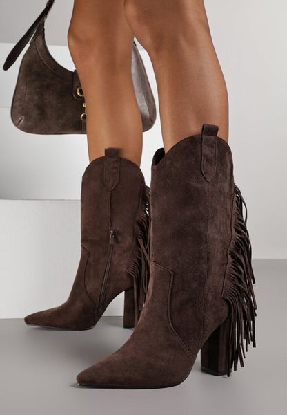 Brązowe Botki w Stylu Kowbojek na Obcasie z Frędzlami Reinasea. Brązowe botki Born2be, bez wzorów, z jeansu, bez obcasa, na obcasie, bez zapięcia. Za 149.99 zł.