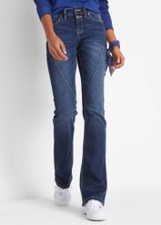 Jeansy ze stretchem o kroju bootcut, mid waist. Niebieskie jeansy bonprix, bez wzorów. Za 139.99 zł.