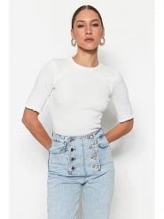 Trendyol Koszulka w kolorze białym rozmiar: L. Białe bluzki Trendyol, l, bez wzorów, z bawełny, bez kołnierzyka, bez ramiączek. Za 34.99 zł.