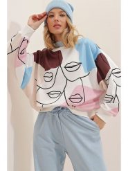 Trendyol Bluza w kolorze kremowo-błękitno-brązowym rozmiar: S. Brązowe bluzy sportowe Trendyol, s, bez wzorów, z bawełny, bez kaptura. Za 61.60 zł.