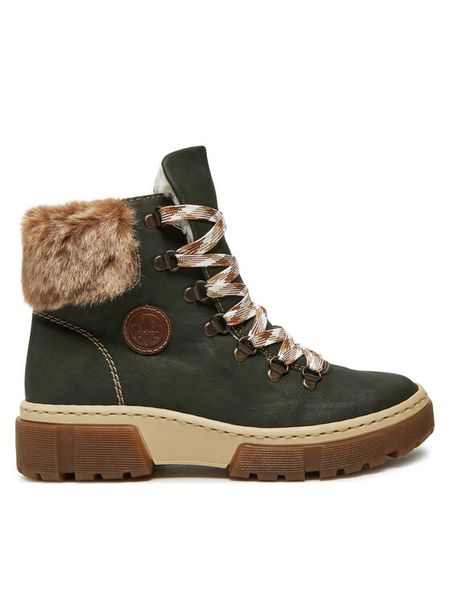 Rieker Trzewiki X8647-54 Zielony. Zielone botki Rieker, bez wzorów, ze skóry, bez obcasa, na płaskiej podeszwie, bez zapięcia. Za 295.00 zł.