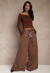 Brązowe Szerokie Spodnie z Paskiem w Stylu Wstążki Tussema. Brązowe spodnie materiałowe Renee, na co dzień, l, bez wzorów, z jeansu. Za 119.99 zł.