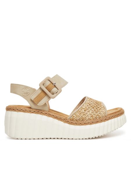 Rieker Sandały 69176-62 Beżowy. Brązowe sandały Rieker, bez wzorów, z materiału, bez obcasa, na koturnie, bez zapięcia. Za 263.99 zł.