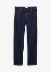 Dżinsy o kroju loose z prostymi nogawkami i talią mid waist. Niebieskie jeansy bonprix, bez wzorów. Za 124.99 zł.