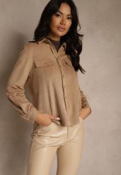 Beżowa Koszula z Imitacji Zamszu z Klapami Retilda. Brązowe koszule Renee, m, bez wzorów, z jeansu, eleganckie, bez kołnierzyka, bez ramiączek. Za 139.99 zł.