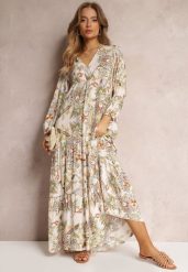 Biało-Beżowa Sukienka Oversize w Kwiaty Iophne. Białe sukienki Renee, na lato, l, bez wzorów, bez kołnierzyka, bez ramiączek, maxi, oversize. Za 69.99 zł.