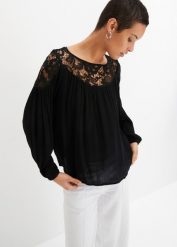Tunika z koronką. Czarne tuniki bonprix, bez wzorów, z koronki, bez kołnierzyka, bez ramiączek. Za 114.99 zł.
