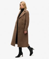 Płaszcz z Mieszanki Wełny z Podwójnym Rzędem Guzików. Brązowe płaszcze Superdry, m, bez wzorów, z wełny, bez kaptura. Za 1,049.70 zł.