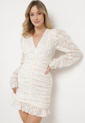 Beżowa Sukienka Mini z Tkaniny Plumeti z Marszczeniem Werenia. Brązowe sukienki Born2be, na co dzień, m, bez wzorów, z tkaniny, eleganckie, bez kołnierzyka, bez ramiączek, mini. Za 119.99 zł.